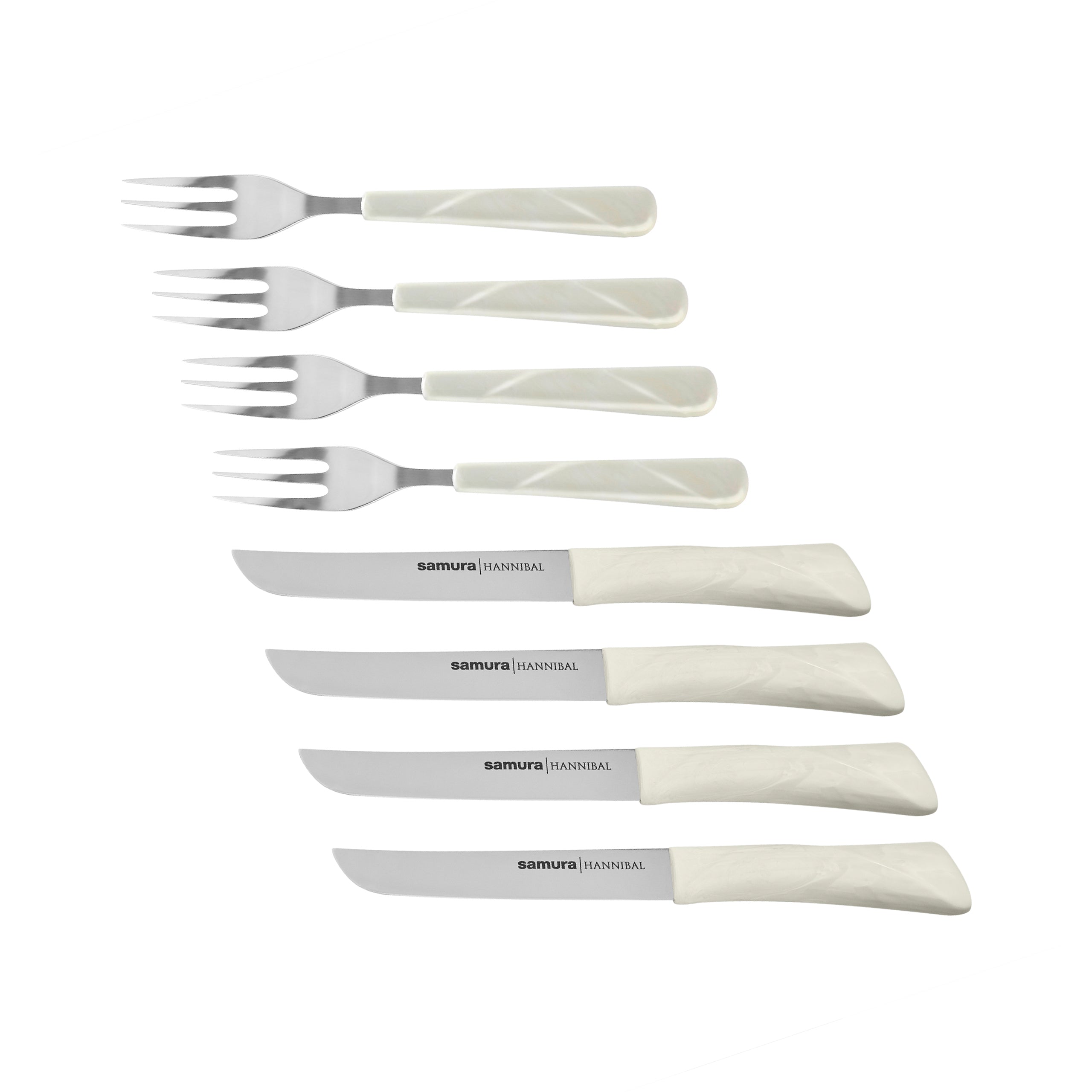 Samura HANNIBAL "Steak knife and fork Set for 4 persons, white handle"